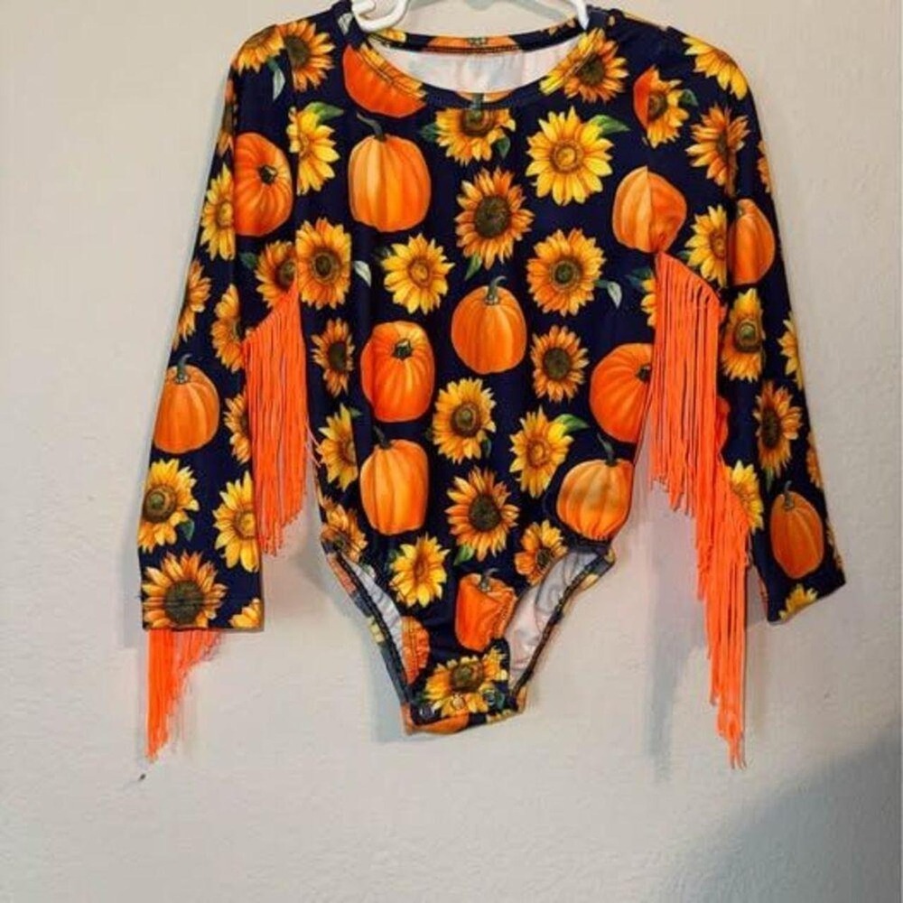 Unbranded Toddler Girls Pumpkin Sunflower Navy Blue Fringe Bodysuit Size 3T EUC